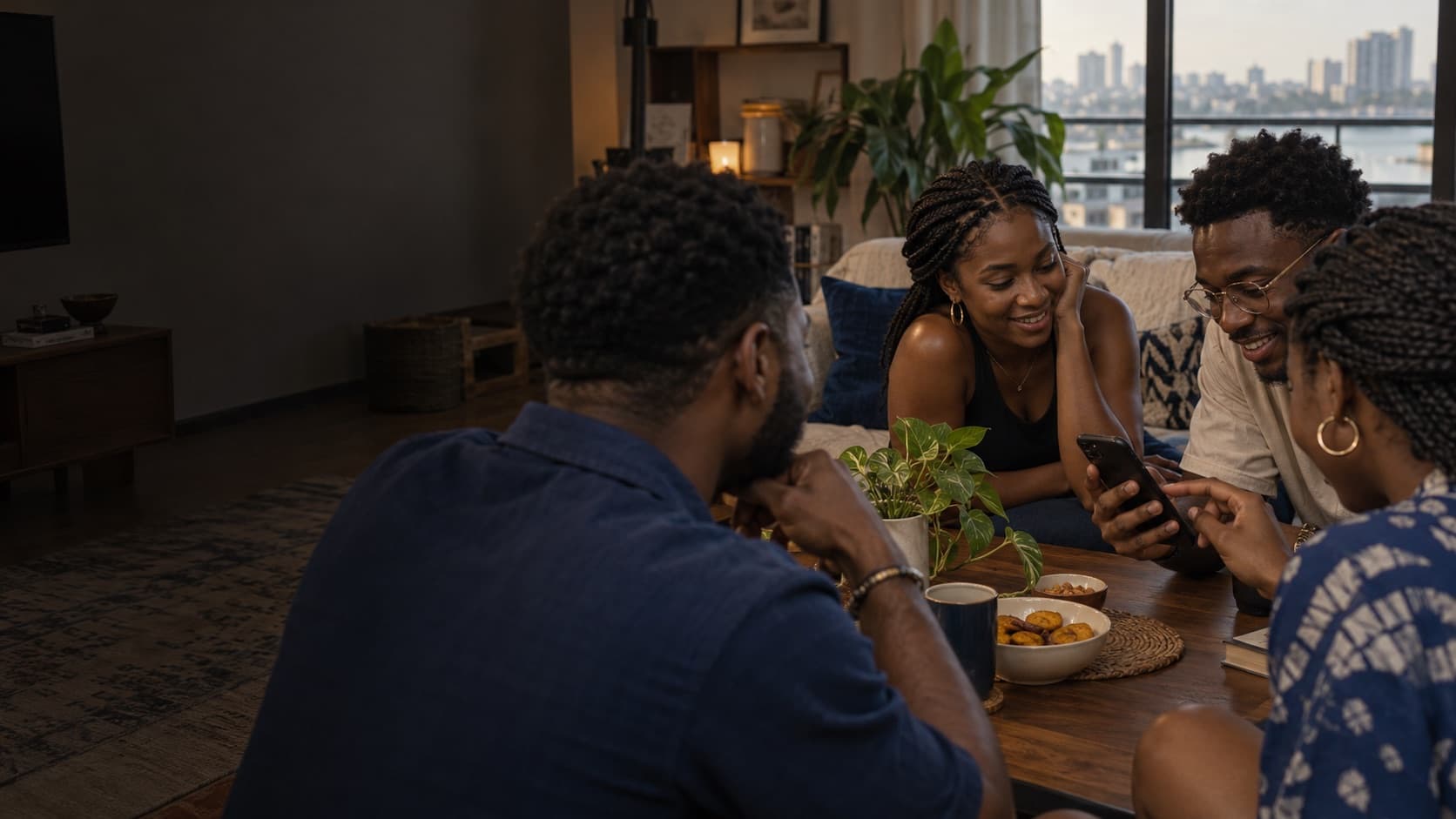 Friends sharing a laugh around a phone